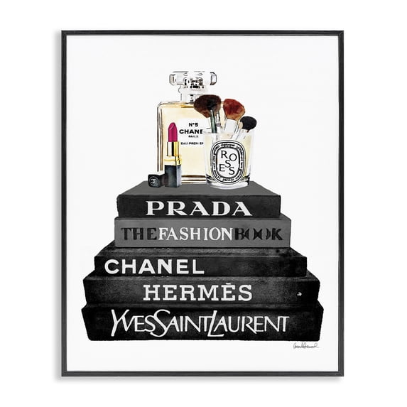 Stupell Industries Art Deco Fashion Designer Makeup Bookstack Black And White Watercolor Black Framed Giclee Art, 11 x 14, by Amanda Greenwood