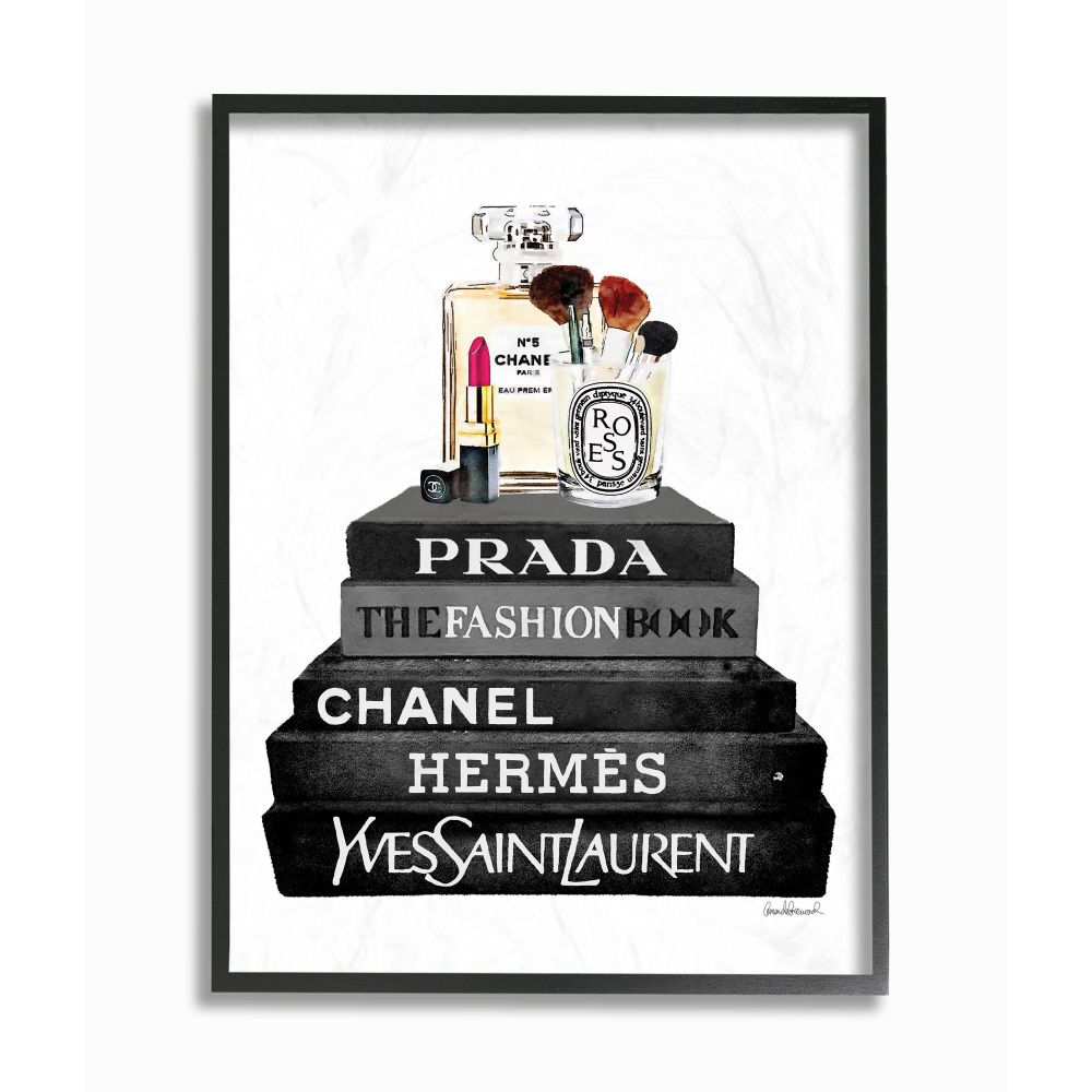 Stupell Industries Fashion Designer Makeup Bookstack Black And White Watercolor Framed Wall Art by Amanda Greenwood