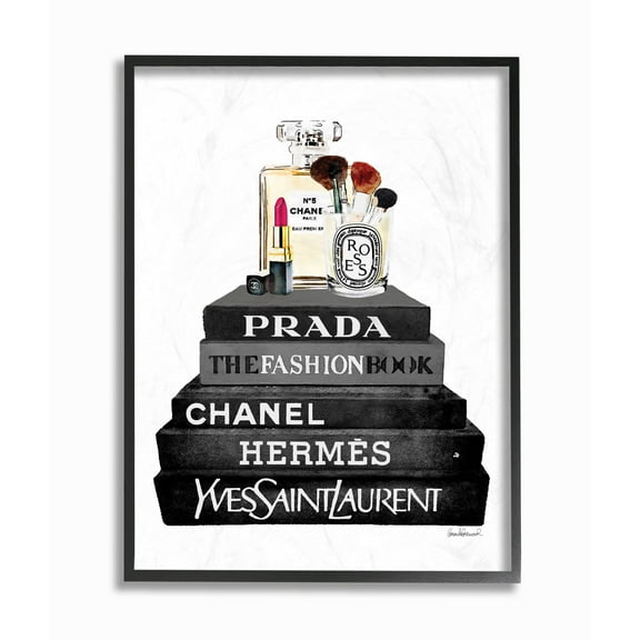 Stupell Industries Fashion Designer Makeup Bookstack Black And White Watercolor Framed Wall Art by Amanda Greenwood