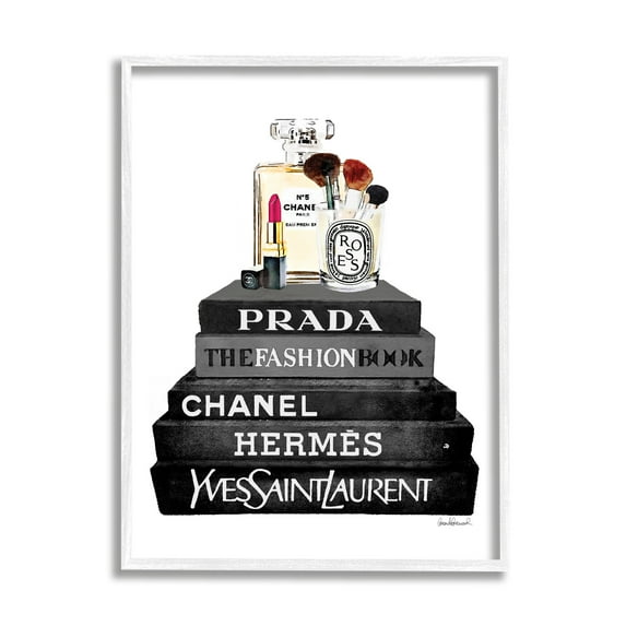 Stupell Industries Fashion Designer Makeup Bookstack Black And White Watercolor White Framed Art Print Wall Art, 16x20, by Amanda Greenwood