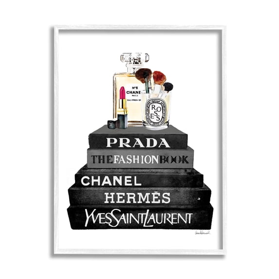 Stupell Industries Fashion Designer Makeup Bookstack Black And White Watercolor White Framed Art Print Wall Art, 24x30, by Amanda Greenwood