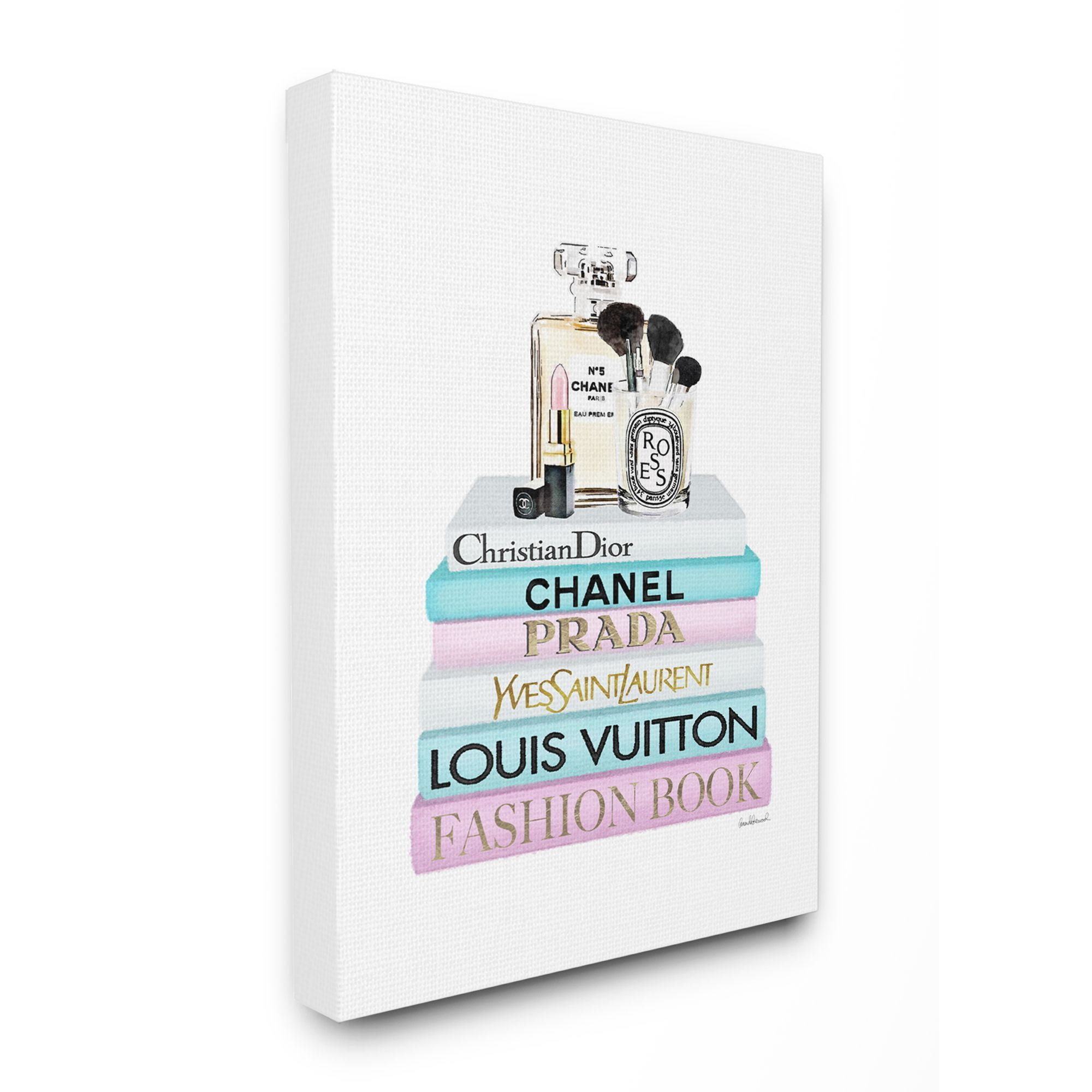 Stupell Industries Fashion Designer Makeup Bookstack Blue Pink Watercolor Canvas Wall Art by Amanda Greenwood