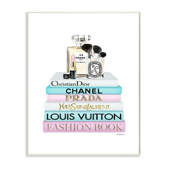Stupell Industries Fashion Designer Makeup Bookstack Blue Pink Watercolor Wall Plaque by Amanda Greenwood