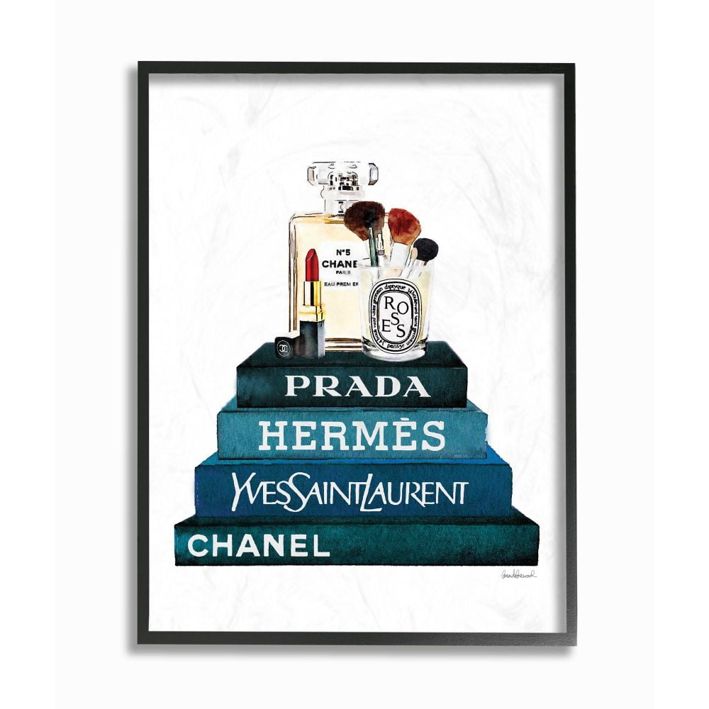 Stupell Industries Fashion Designer Makeup Bookstack Blue Watercolor Framed Wall Art by Amanda Greenwood
