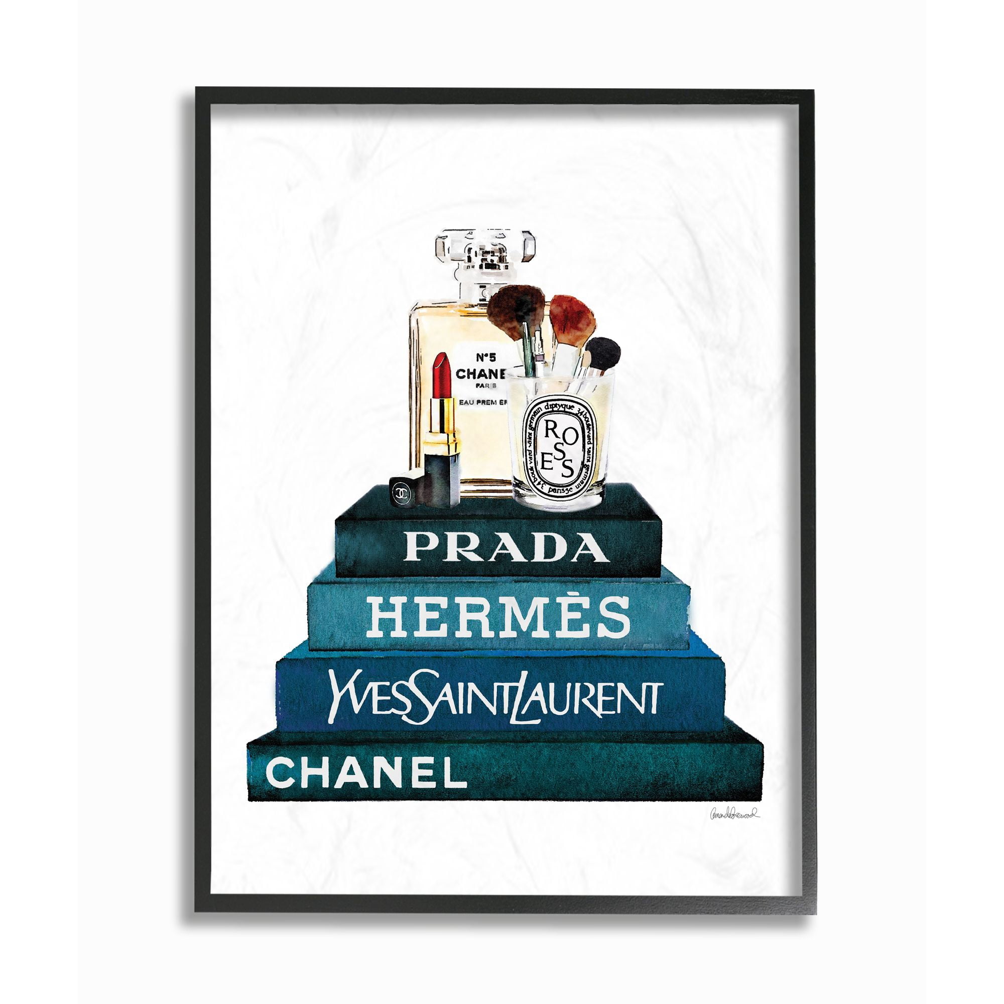 Stupell Industries Fashion Designer Makeup Bookstack Blue Watercolor Framed Wall Art by Amanda Greenwood