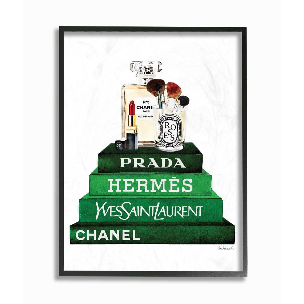 Green Fashion Bookstack Watercolor Wall Art with Black Frame
