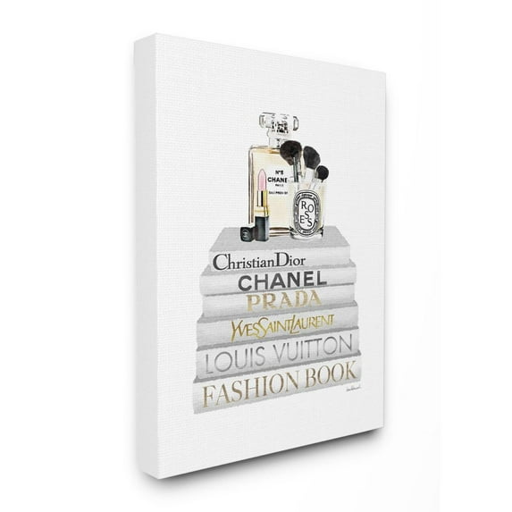 Stupell Industries Fashion Designer Makeup Bookstack White Gold Watercolor Canvas Wall Art by Amanda Greenwood