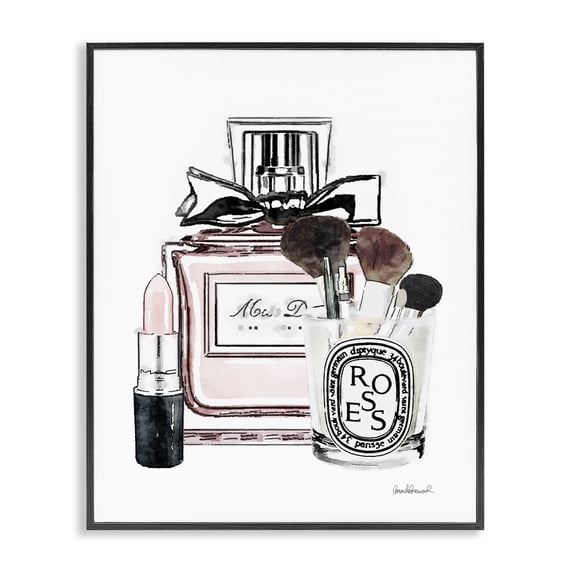 Stupell Industries Art Deco Fashion Designer Makeup Perfume Lipstick Pink Watercolor Black Framed Giclee Art, 16 x 20, by Amanda Greenwood