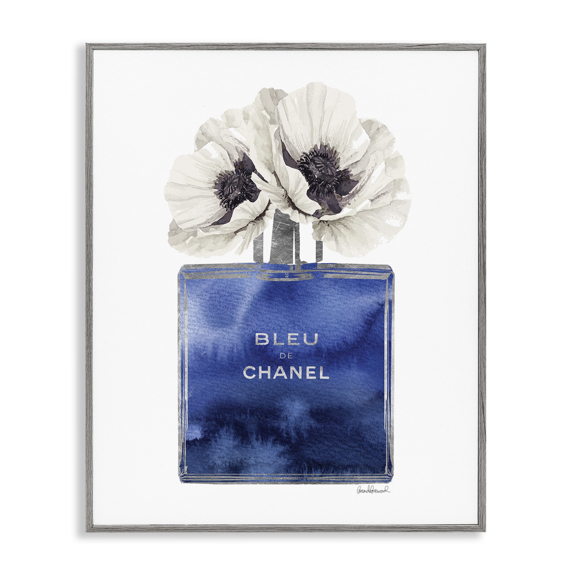Stupell Industries Blue Watercolor Floral Perfume Beauty & Fashion Painting Gray Framed Art Print Wall Art, 16 x 20