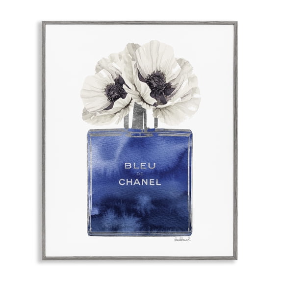 Stupell Industries Blue Watercolor Floral Perfume Beauty & Fashion Painting Gray Framed Art Print Wall Art, 16 x 20