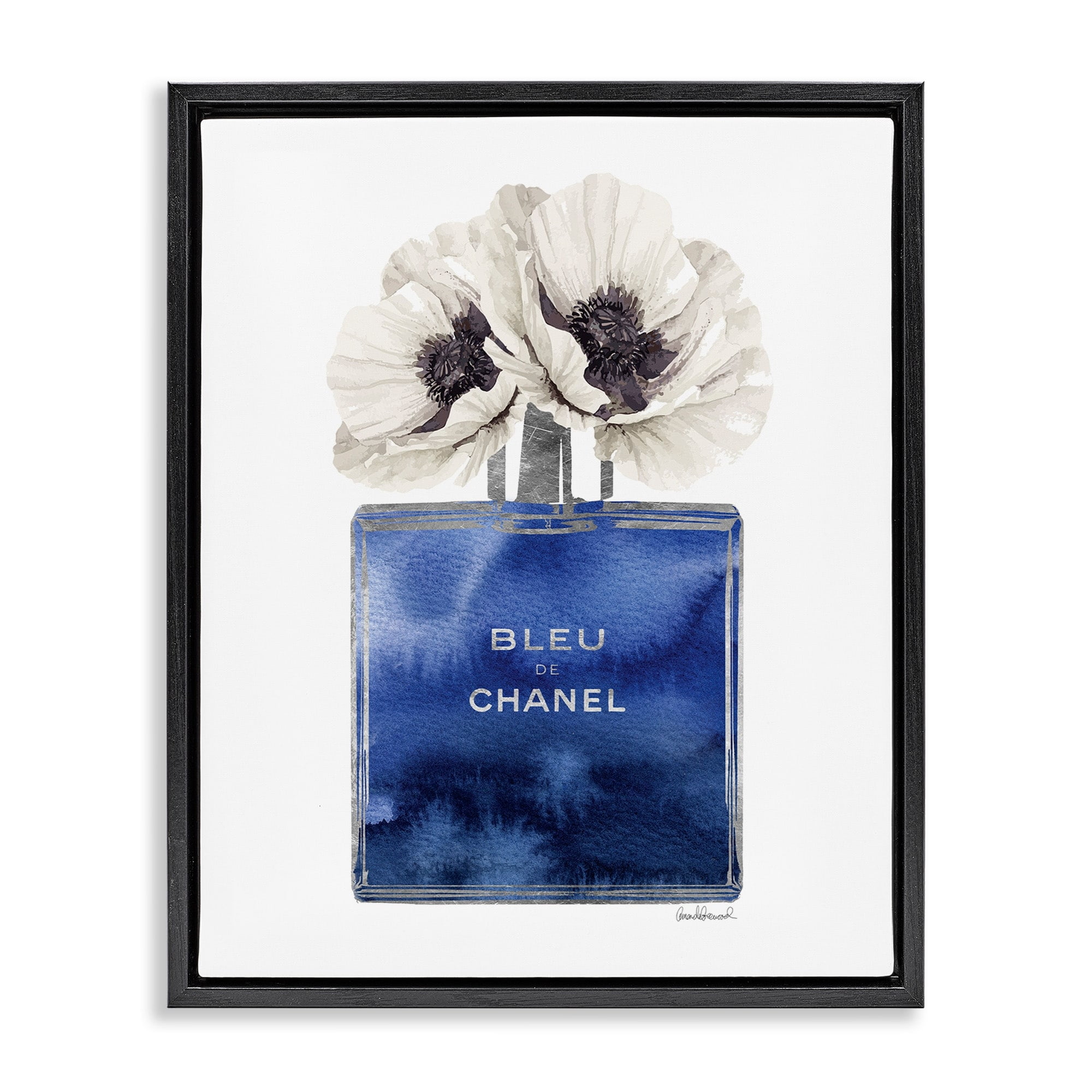 Stupell Industries Fashion Designer Perfume Flower Blue Watercolor Jet Black Framed Floating Canvas Wall Art, 24x30, by Amanda Greenwood