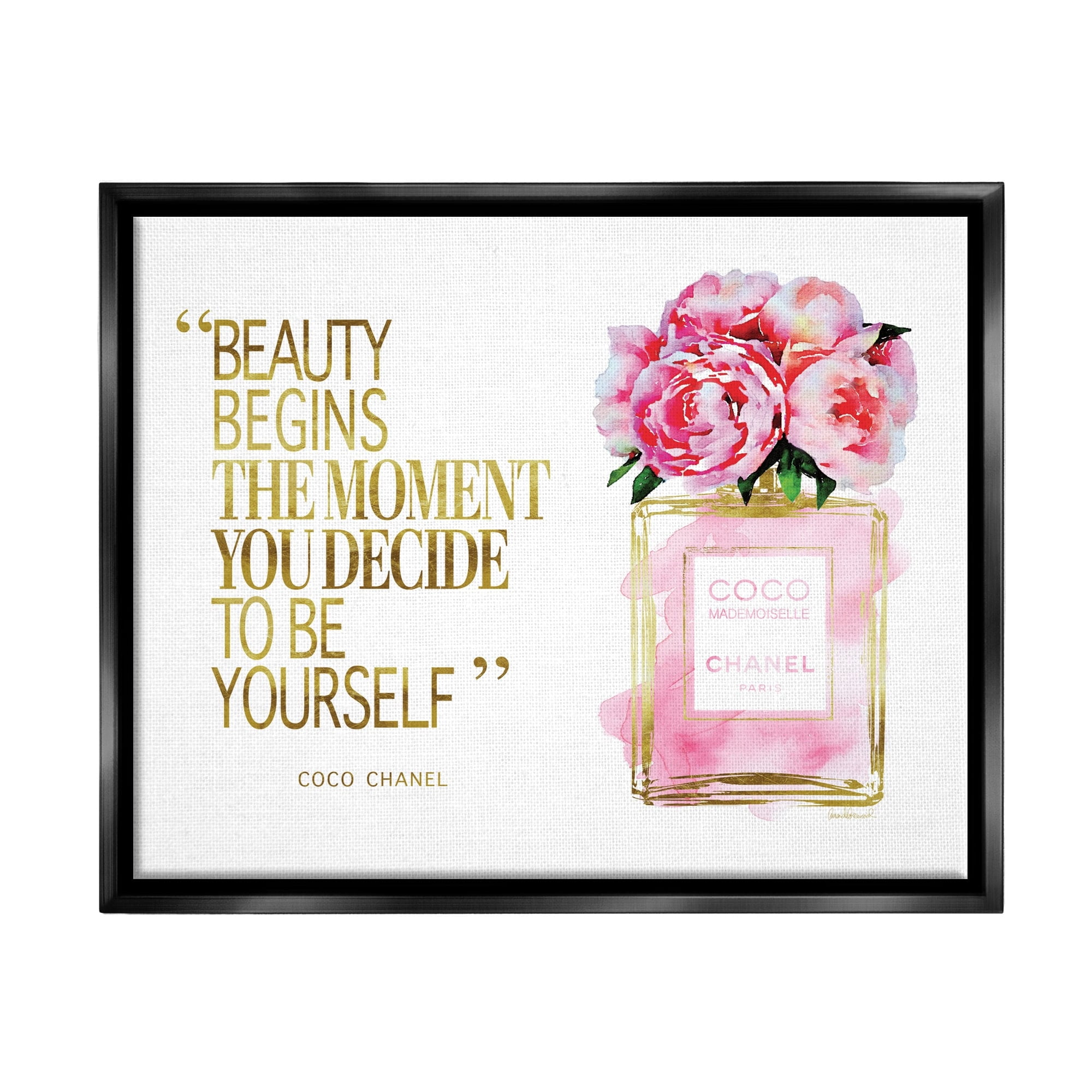 Stupell Industries Fashion Designer Perfume Gold Pink Watercolor Inspirational Word Jet Black Framed Floating Canvas Wall Art, 24x30, by Amanda Greenwood