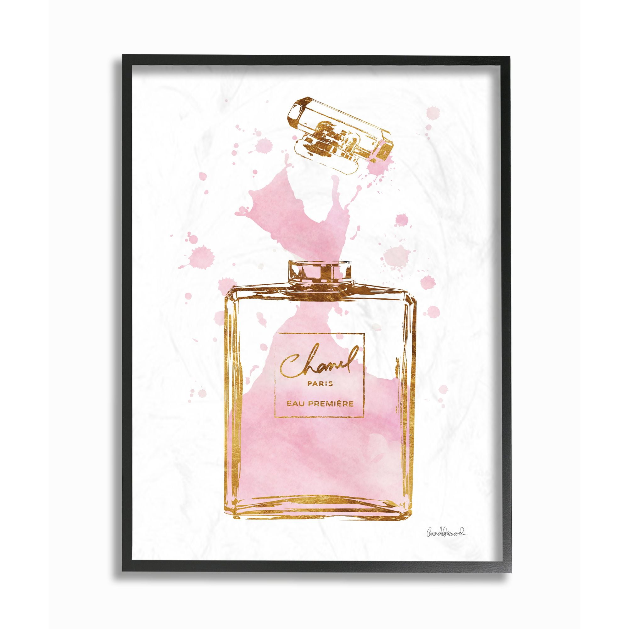Pink and Gold Watercolor Perfume Canvas Print with Black Frame