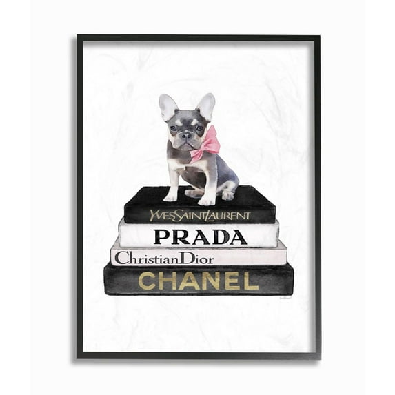 Stupell Industries Fashion Designer Pet Dog Bookstack Black Gold Watercolor Framed Wall Art by Amanda Greenwood
