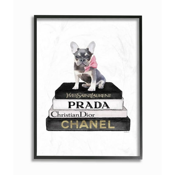 Stupell Industries Fashion Designer Pet Dog Bookstack Black Gold Watercolor Framed Wall Art by Amanda Greenwood