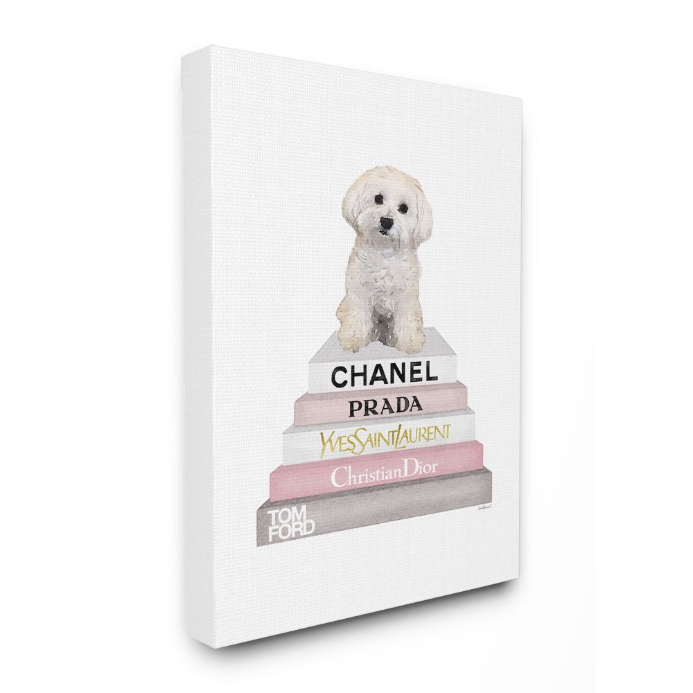 Stupell Industries Fashion Designer Pet Dog Bookstack White Pink Watercolor Canvas Wall Art by Amanda Greenwood