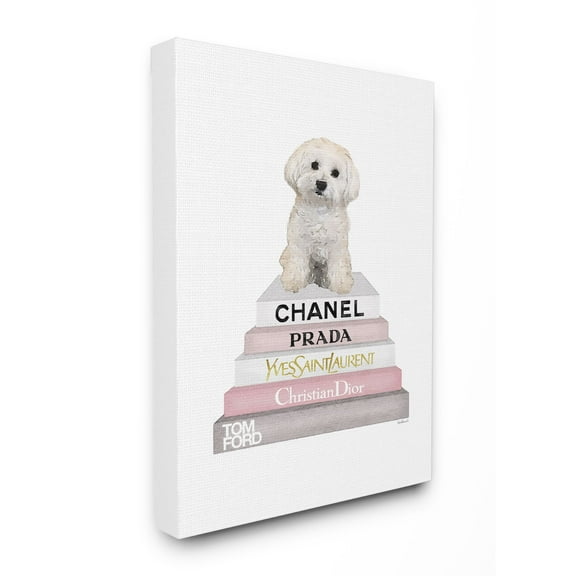 Stupell Industries Fashion Designer Pet Dog Bookstack White Pink Watercolor Canvas Wall Art by Amanda Greenwood