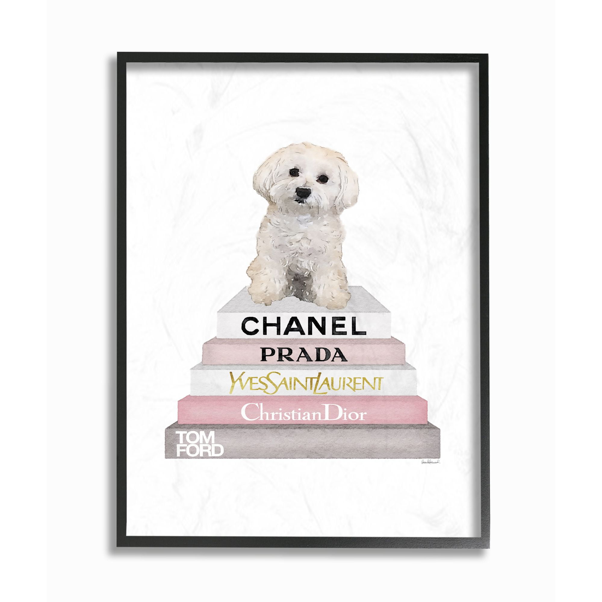 Stupell Industries Fashion Designer Pet Dog Bookstack White Pink Watercolor Framed Wall Art by Amanda Greenwood