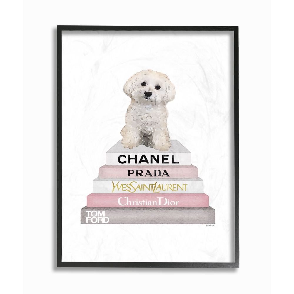 Stupell Industries Fashion Designer Pet Dog Bookstack White Pink Watercolor Framed Wall Art by Amanda Greenwood