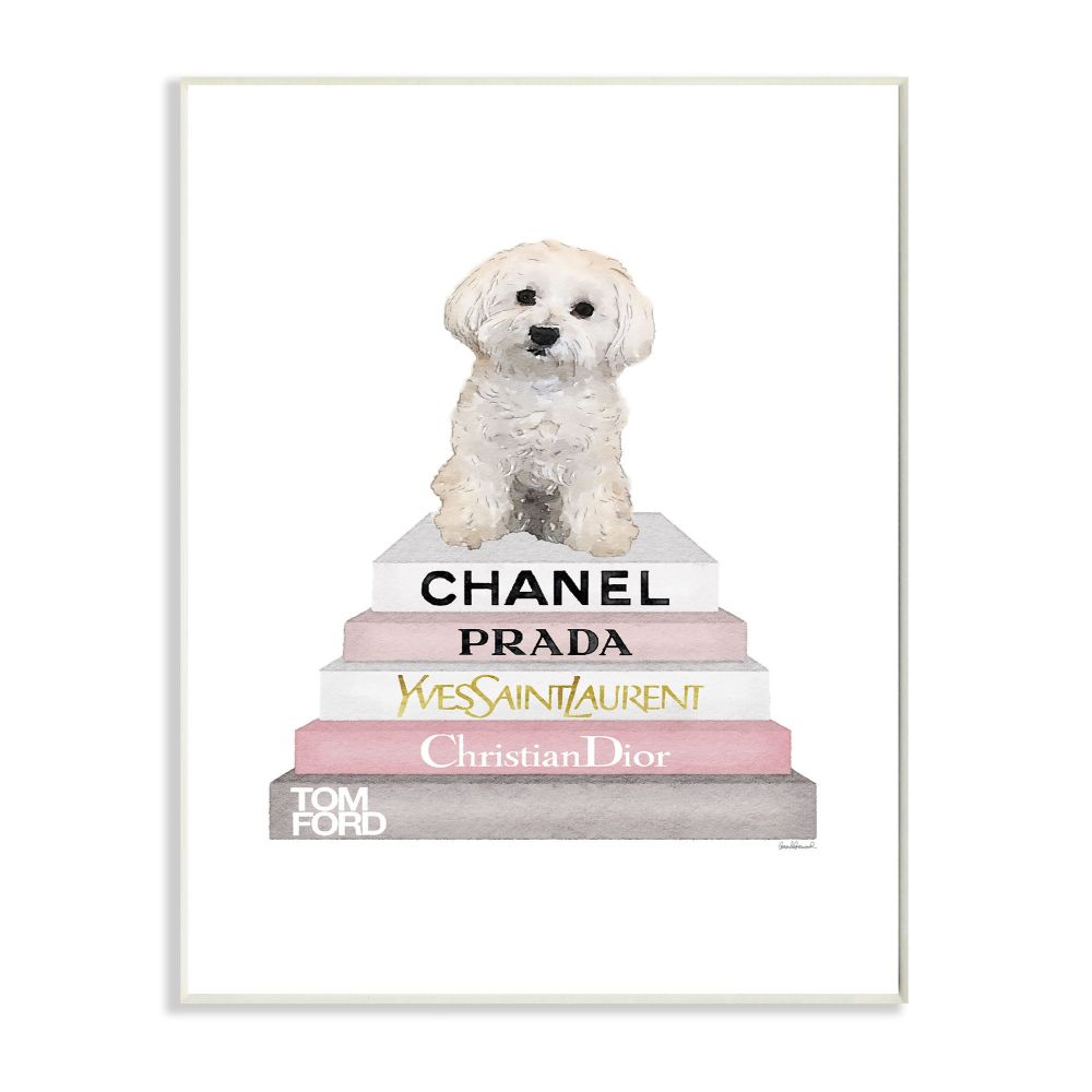 Stupell Industries Fashion Designer Pet Dog Bookstack White Pink Watercolor Wall Plaque by Amanda Greenwood