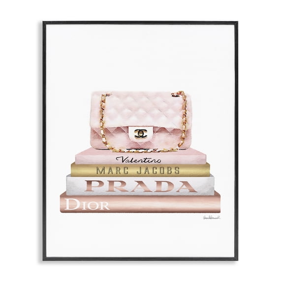 Stupell Industries Glam Fashion Designer Purse Bookstack Pink White Gold Watercolor Black Framed Giclee Art, 11 x 14, by Amanda Greenwood