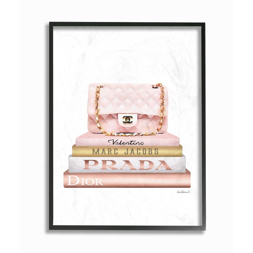 Pink and Gold Designer Purse Bookstack Canvas Print in Black Frame