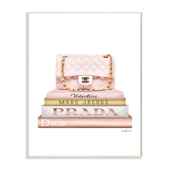 Stupell Industries Fashion Designer Purse Bookstack Pink White Gold Watercolor Wall Plaque by Amanda Greenwood