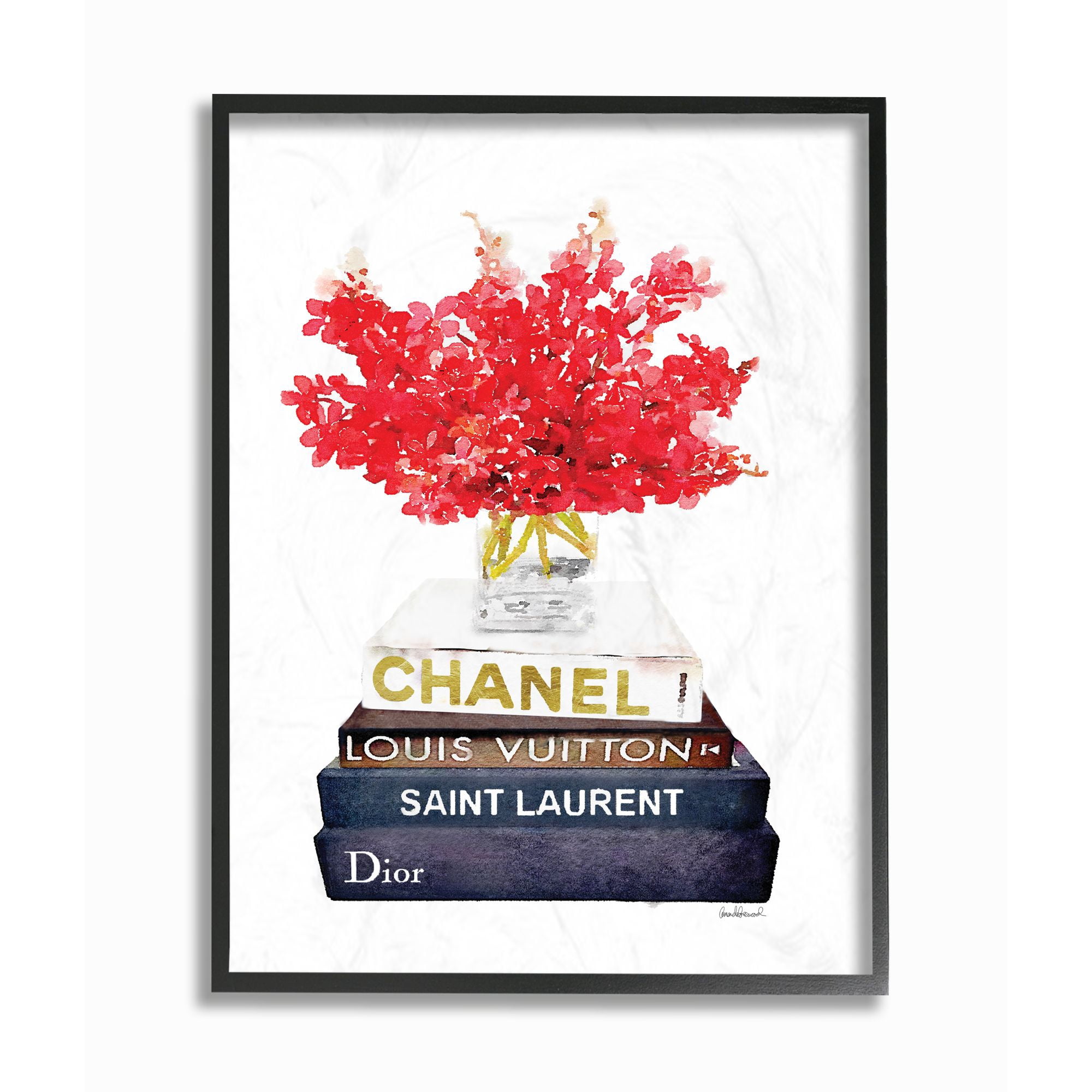 Stupell Industries Fashion Designer Red Flower Bookstack Watercolor Framed Wall Art by Amanda Greenwood