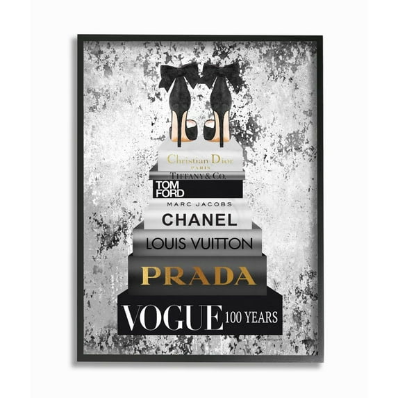 Stupell Industries Fashion Designer Shoes Bookstack Black And White Watercolor Framed Wall Art by Amanda Greenwood