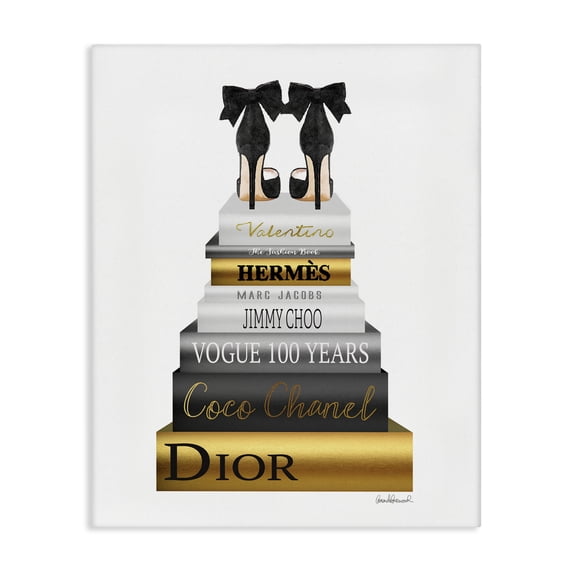 Stupell Industries Modern Fashion Designer Shoes Bookstack Black Gold Watercolor Canvas Art, 16 x 20, by Amanda Greenwood