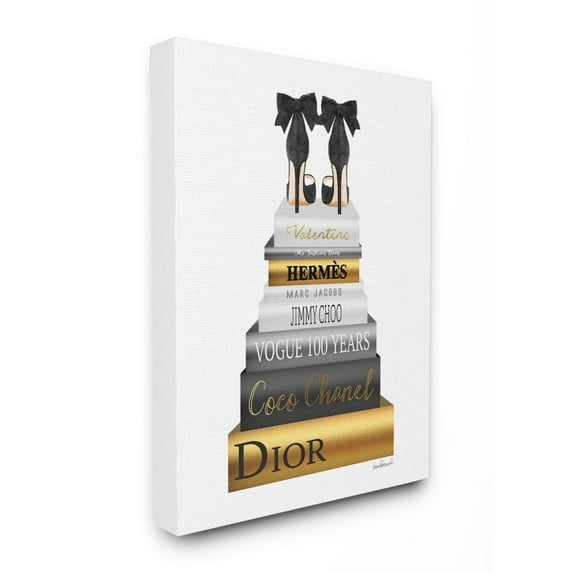 Stupell Industries Fashion Designer Shoes Bookstack Black Gold Watercolor Canvas Wall Art by Amanda Greenwood