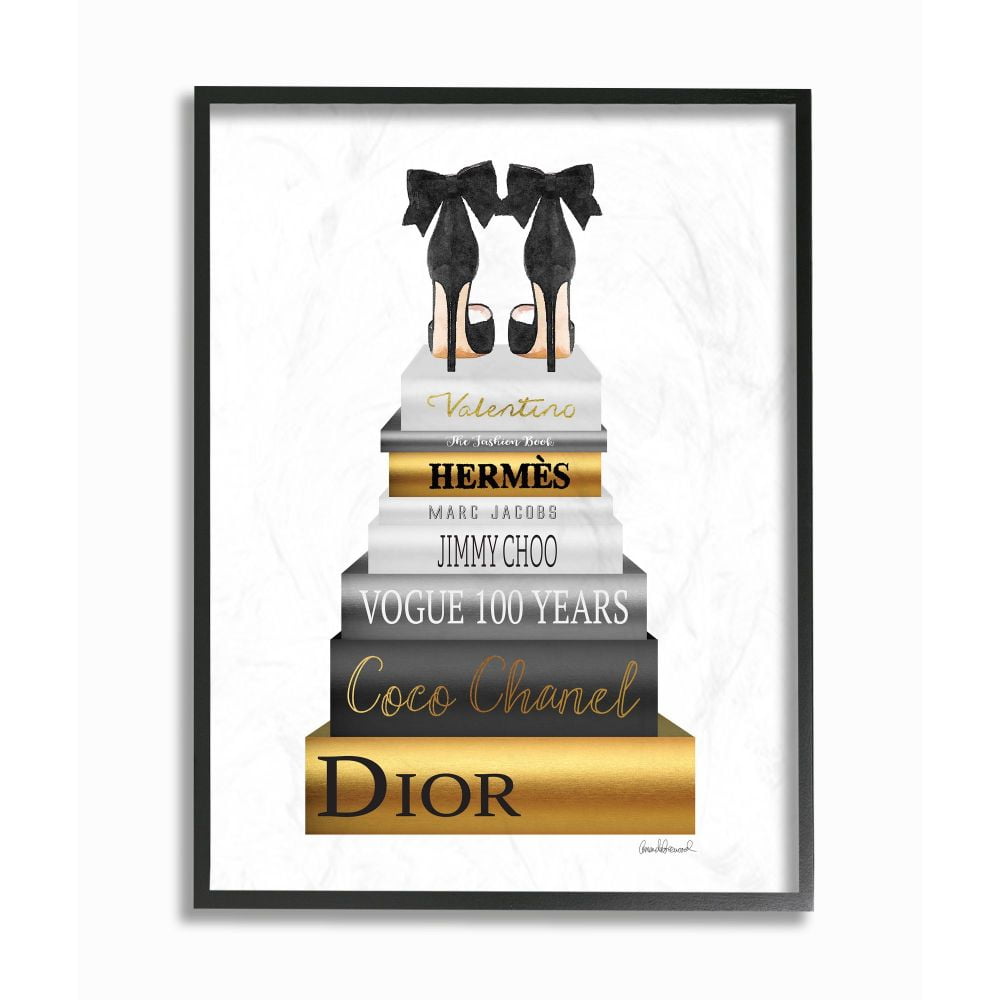 Stupell Industries Fashion Designer Shoes Bookstack Black Gold Watercolor Framed Wall Art by Amanda Greenwood