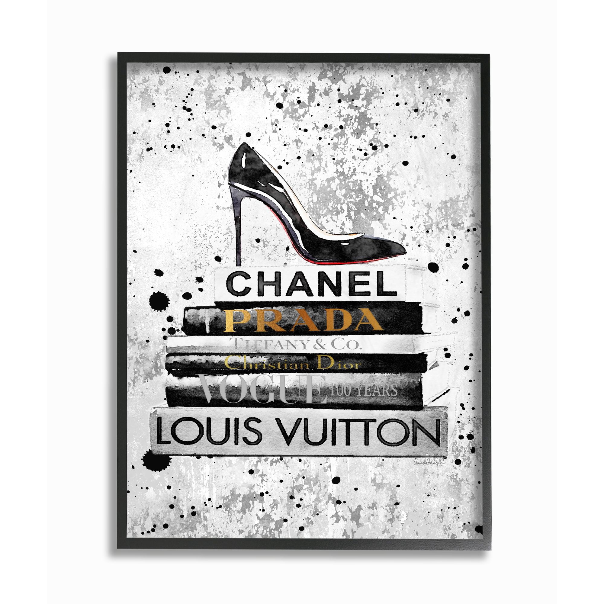 Stupell Industries Fashion Designer Shoes Bookstack Black Textured Watercolor Framed Wall Art by Amanda Greenwood