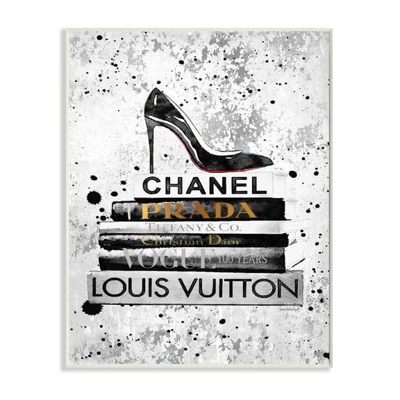 Stupell Industries Fashion Designer Shoes Bookstack Black Textured Watercolor Wall Plaque by Amanda Greenwood