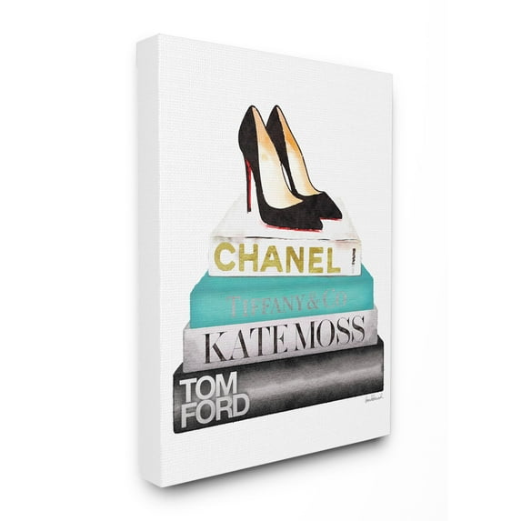 Stupell Industries Fashion Designer Shoes Bookstack Blue Black Watercolor Canvas Wall Art by Amanda Greenwood