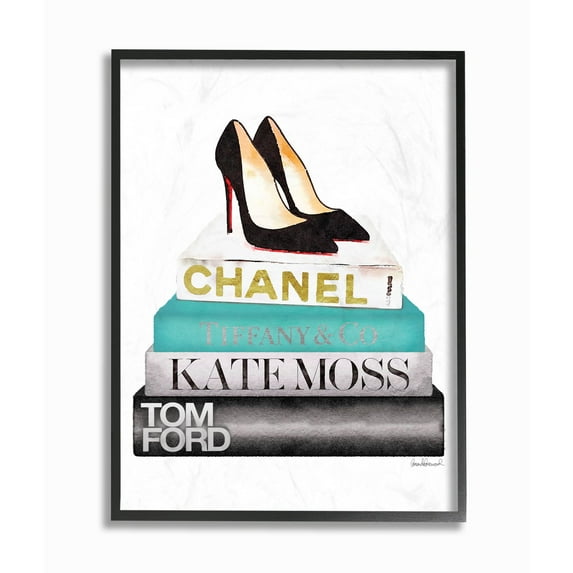 Stupell Industries Fashion Designer Shoes Bookstack Blue Black Watercolor Framed Wall Art by Amanda Greenwood