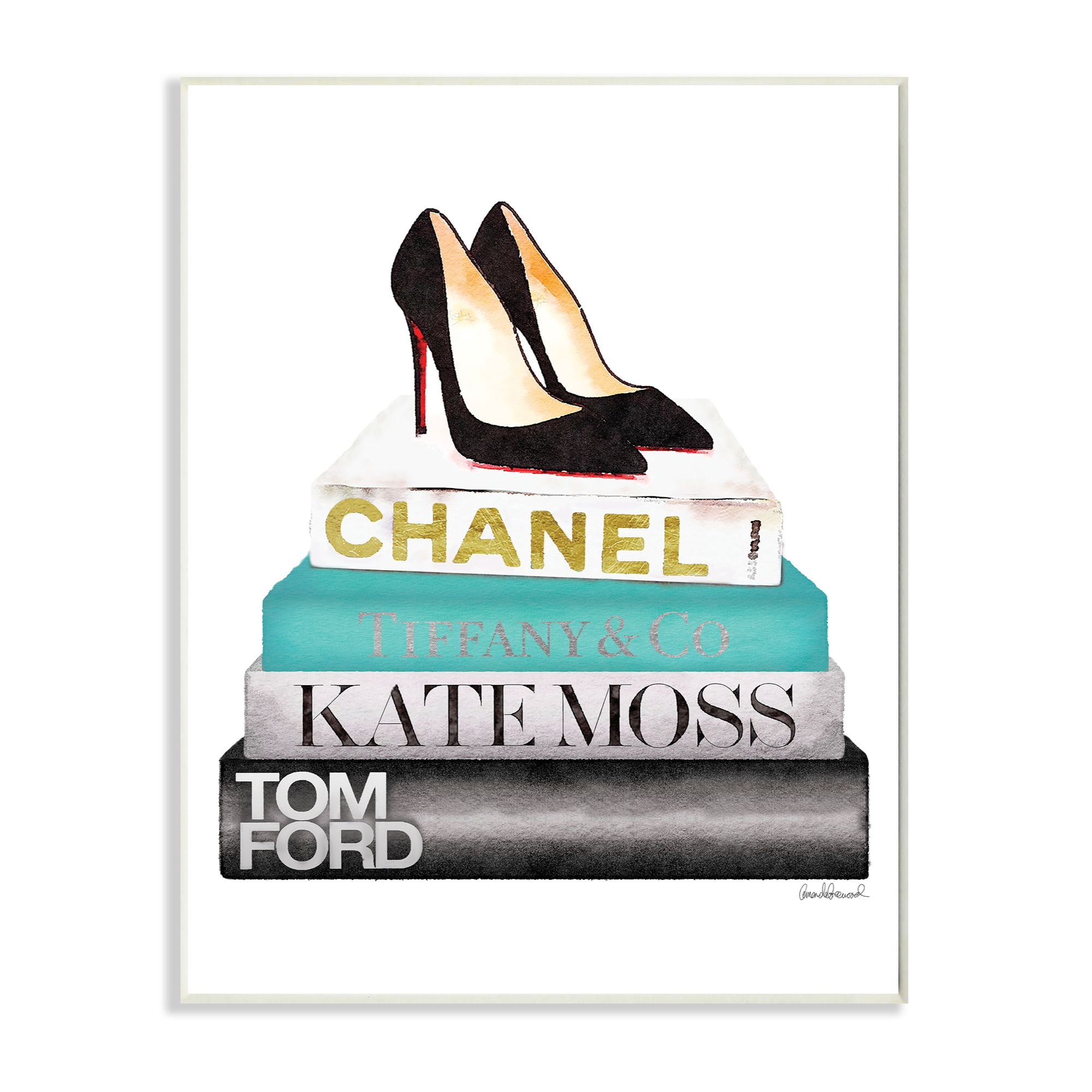 Stupell Industries Fashion Designer Shoes Bookstack Blue Black Watercolor Wall Plaque by Amanda Greenwood