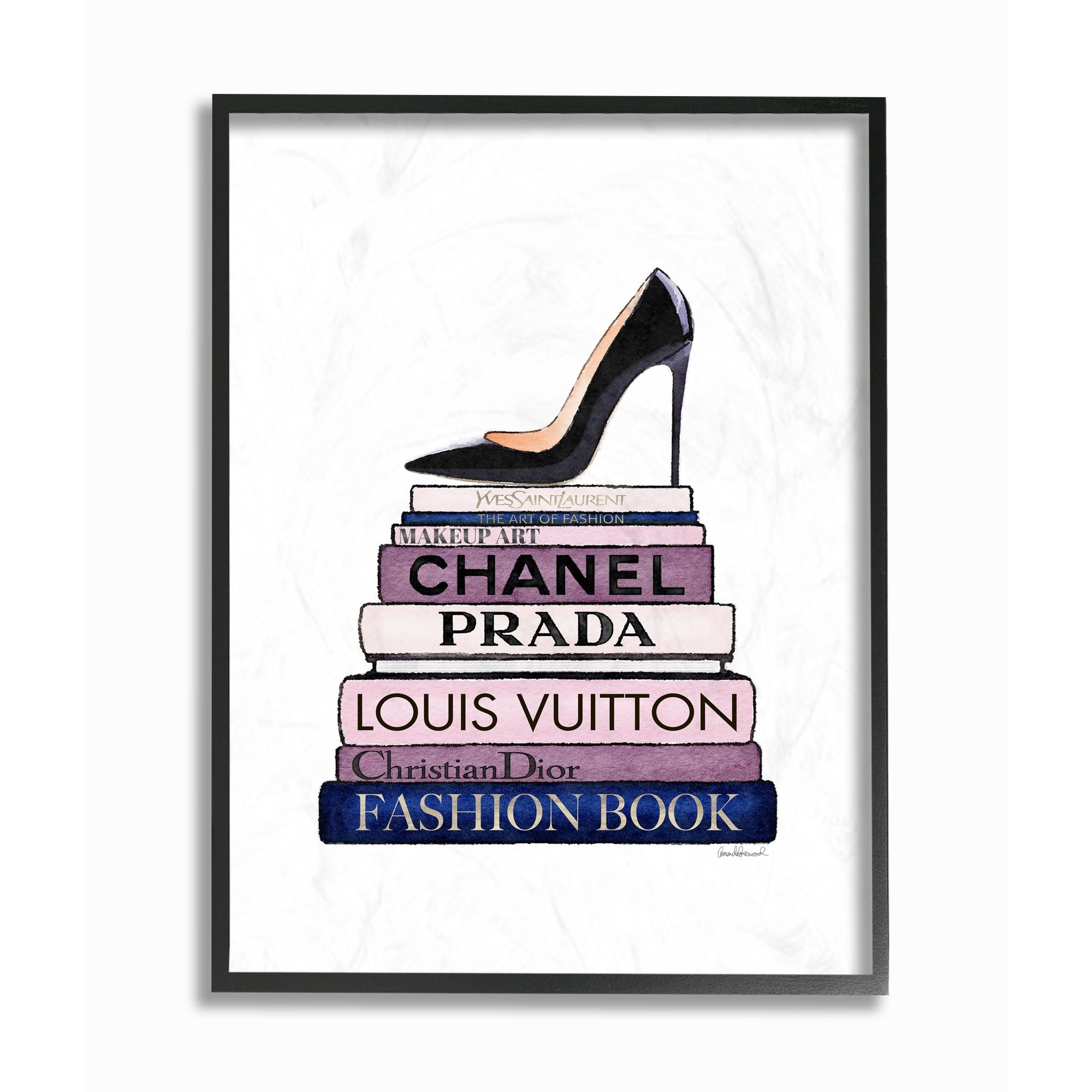 Stupell Industries Fashion Designer Shoes Bookstack Black and White Watercolor Wall Plaque by Amanda Greenwood, Size: 13 x 19