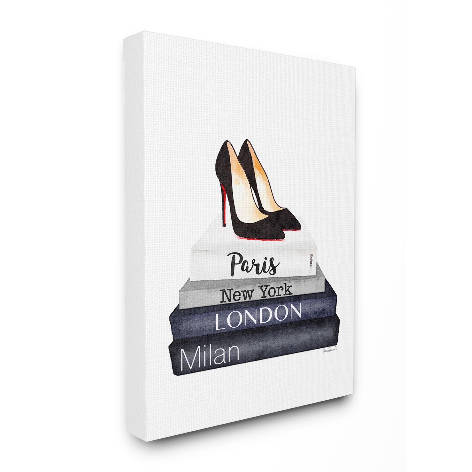 Stupell Industries Fashion Designer Shoes Bookstack Blue Watercolor Canvas Wall Art by Amanda Greenwood