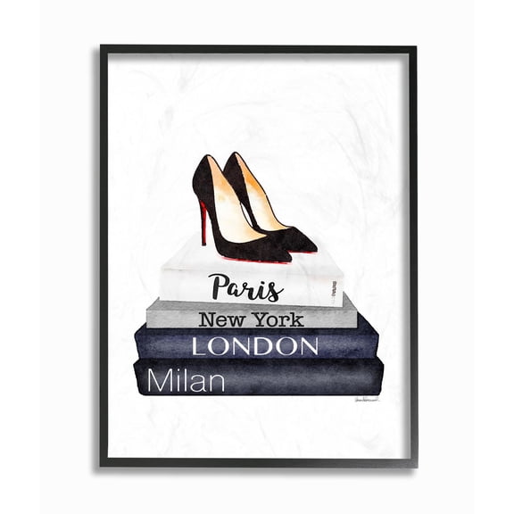 Stupell Industries Fashion Designer Shoes Bookstack Blue Watercolor Framed Wall Art by Amanda Greenwood