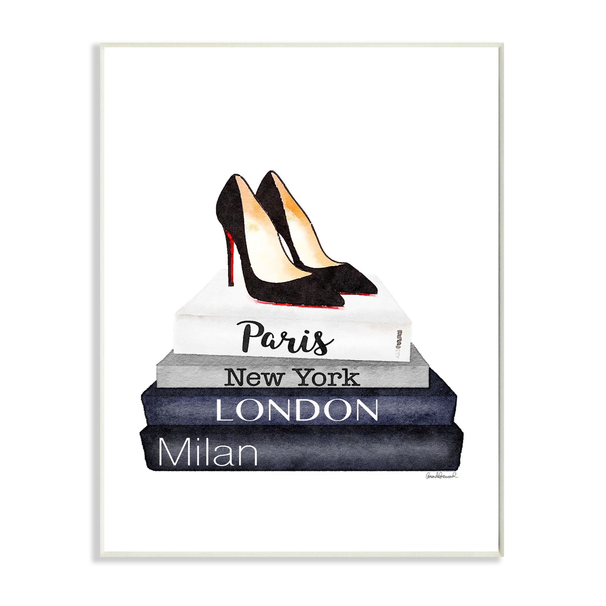Stupell Industries Fashion Designer Shoes Bookstack Blue Watercolor Wall Plaque by Amanda Greenwood