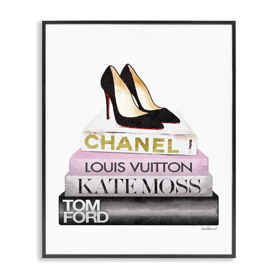 Stupell Industries Contemporary Fashion Designer Shoes Bookstack Pink Black Watercolor Black Framed Giclee Art, 11 x 14, by Amanda Greenwood