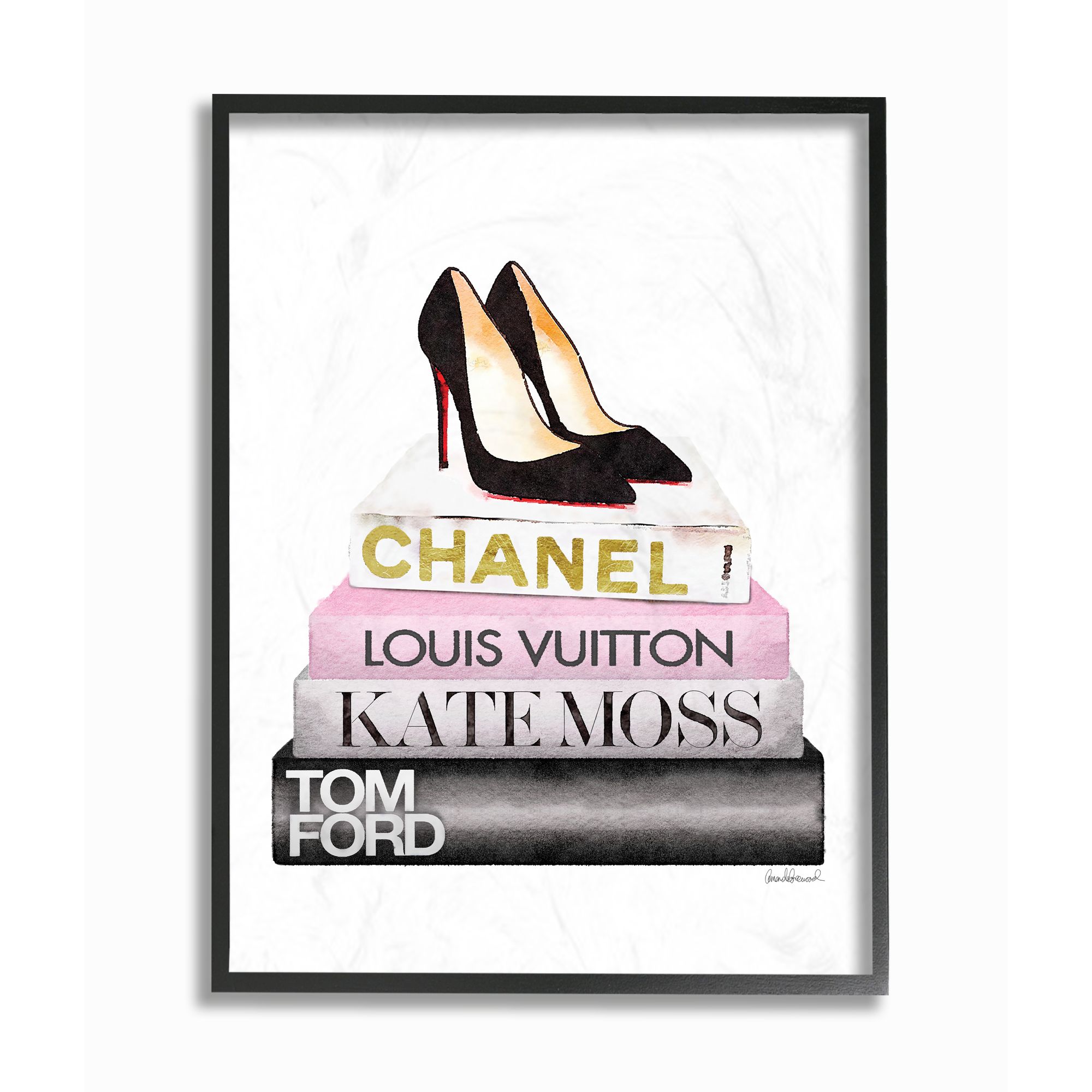 Stupell Industries Fashion Designer Shoes Bookstack Pink Black Watercolor Framed Wall Art by Amanda Greenwood
