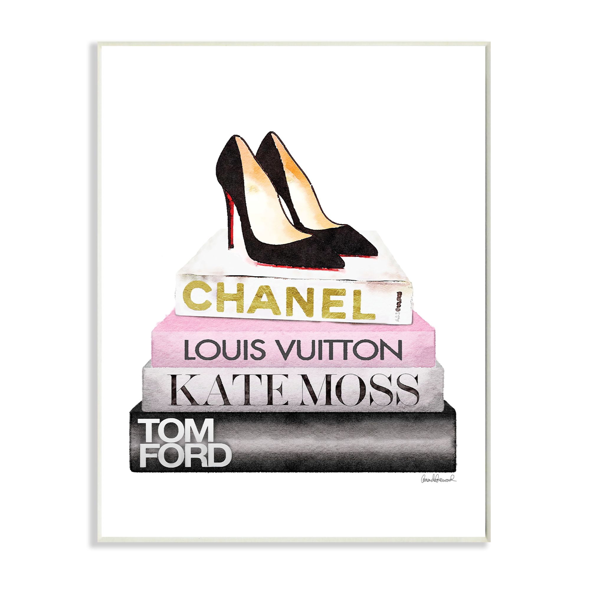 Stupell Industries Fashion Designer Shoes Bookstack Pink Black Watercolor Wall Plaque by Amanda Greenwood