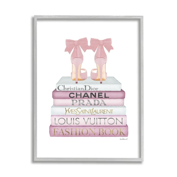 Stupell Industries Fashion Designer Shoes Bookstack Pink White Watercolor Gray Framed Art Print Wall Art, 24x30, by Amanda Greenwood