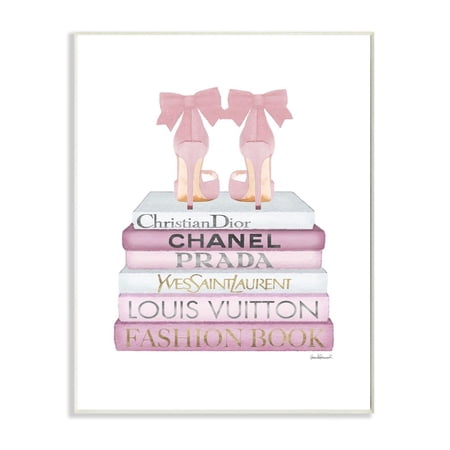 Stupell Industries Fashion Designer Shoes Bookstack Pink White Watercolor Wall Plaque by Amanda Greenwood