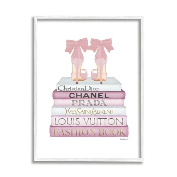 Stupell Industries Fashion Designer Shoes Bookstack Pink White Watercolor White Framed Art Print Wall Art, 16x20, by Amanda Greenwood