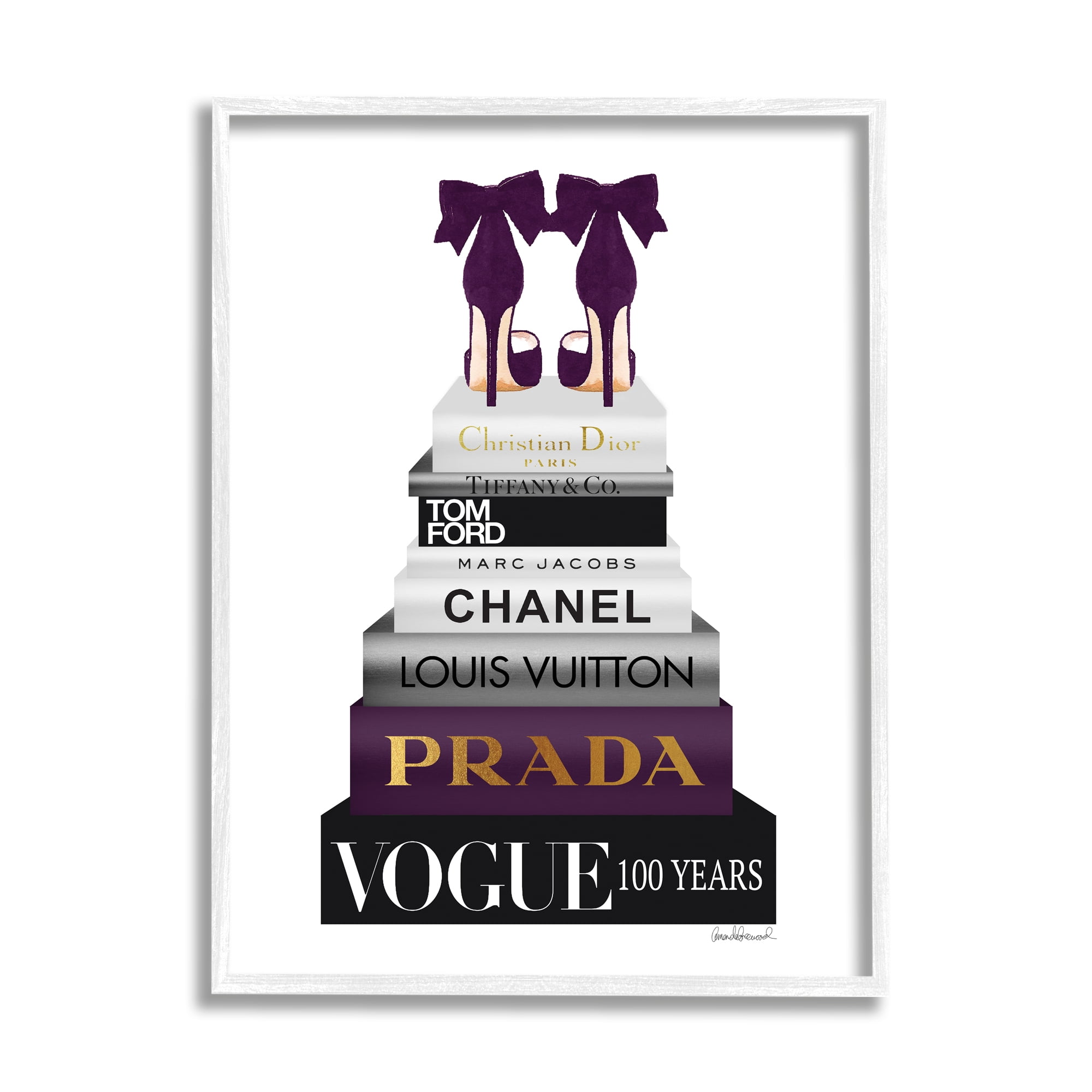 Stupell Industries Fashion Designer Shoes Bookstack Purple Gold Watercolor , 16 x 20,Design by Amanda Greenwood