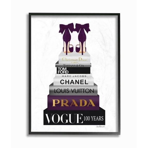 Stupell Industries Fashion Designer Shoes Bookstack Purple Gold Watercolor Framed Wall Art by Amanda Greenwood