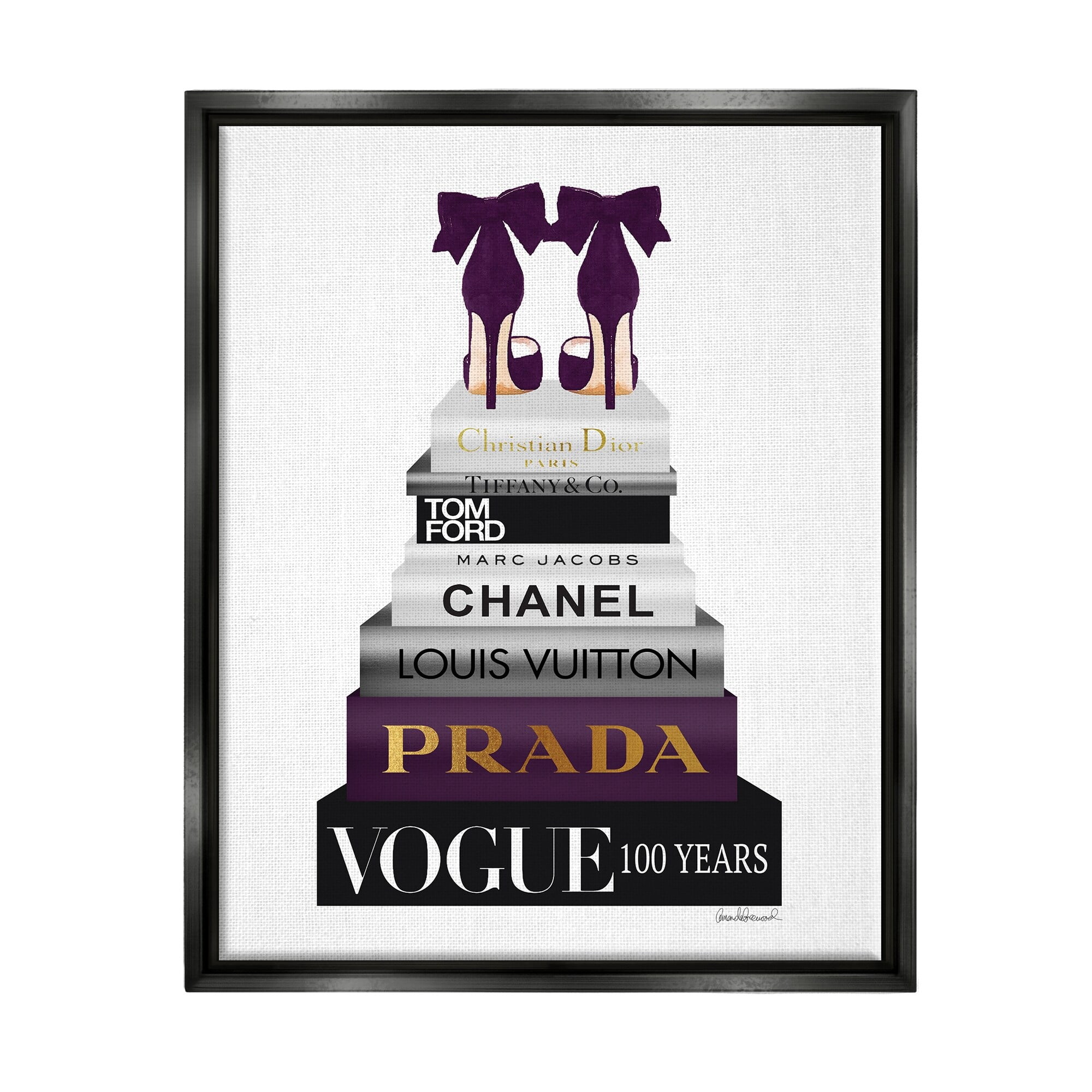 Stupell Industries Fashion Designer Shoes Bookstack Purple Gold Watercolor Jet Black Framed Floating Canvas Wall Art, 24x30, by Amanda Greenwood